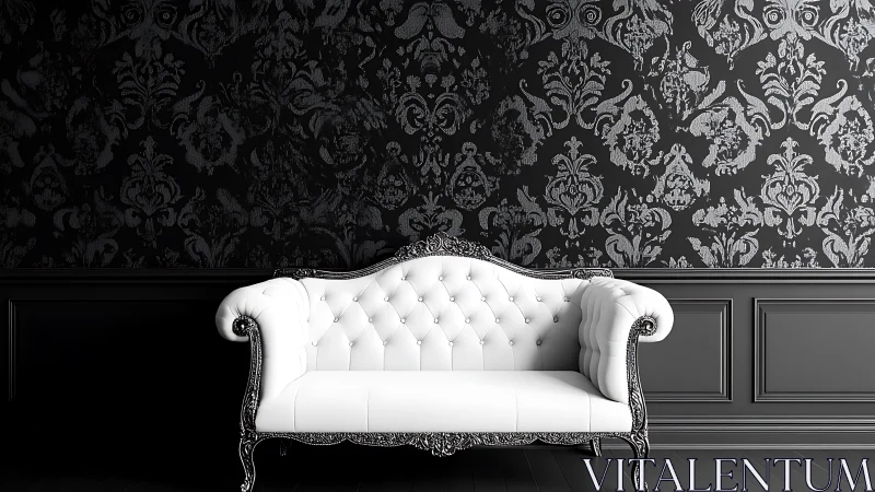 White tufted sofa stands against ornate black damask wall