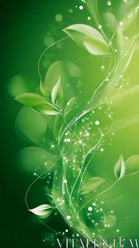 Abstract green foliage with flowing light trails on gradient.
