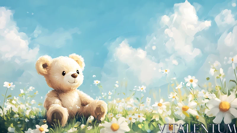 Sunlit teddy daydreams quietly in a cloud-dappled meadow