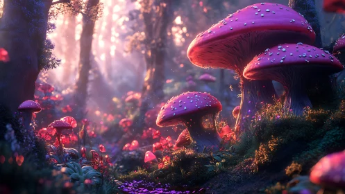 Luminescent pink mushrooms in dense forest clearing at dusk.