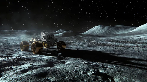 Lunar rover explores a silent crater under a star-filled sky