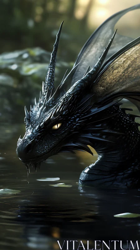 Midnight-scaled dragon pauses gently in a forest pool