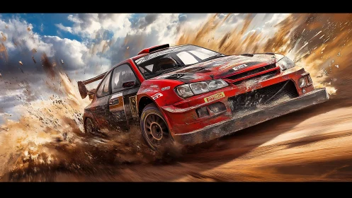 Rally car drifts through mud in dynamic digital action rendering