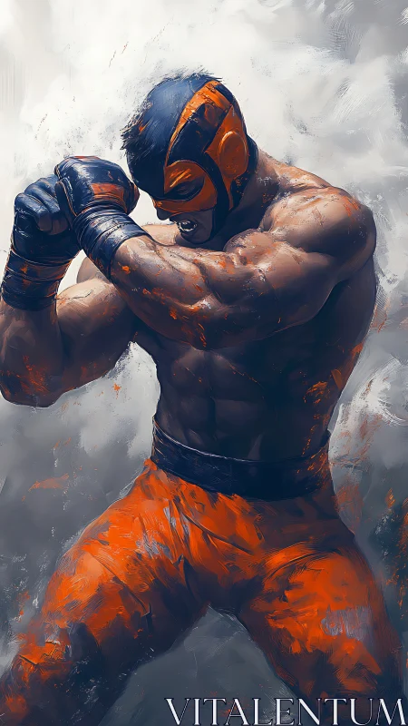 Masked fighter in orange gear holds defensive arm position