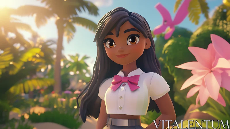Sunlit island girl with a bright smile and playful style.