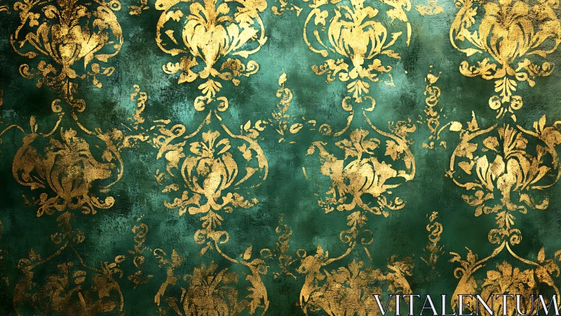 Aged gold baroque damask motif on distressed green ground