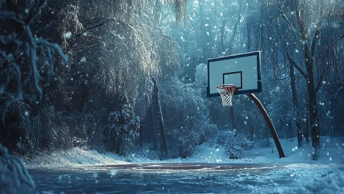 Snowy forest basketball court under cold blue winter light.