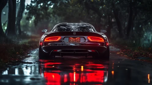 Sleek supercar idling on rain-soaked forest road at dusk.