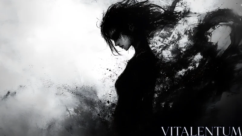 Monochrome silhouette portrait with abstract ink dispersion.
