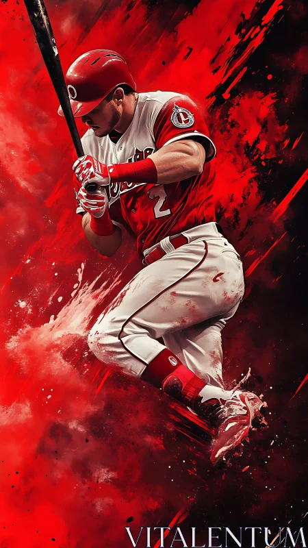 Dynamic red-saturated baseball batter suspended in motion.