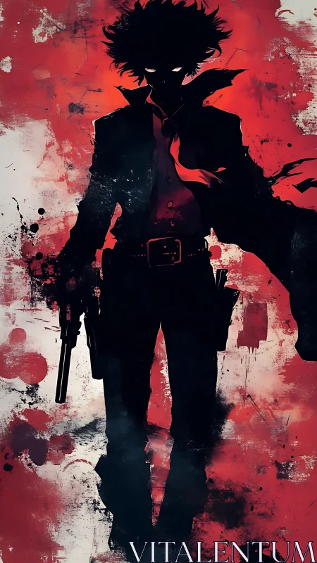 Shadow gunslinger silhouette over red splatter field.
