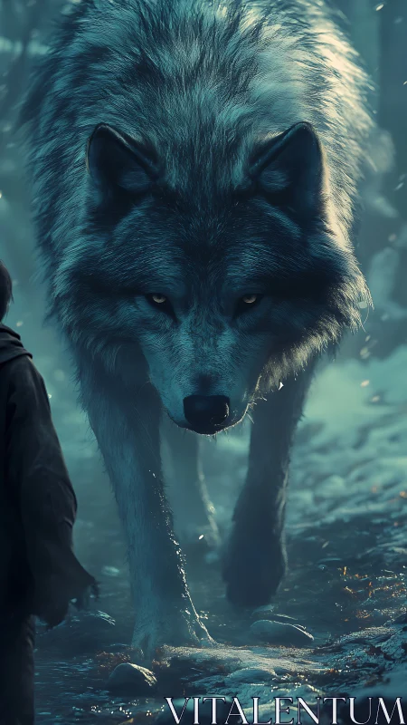 Moonlit giant wolf walks calmly beside a lone wanderer