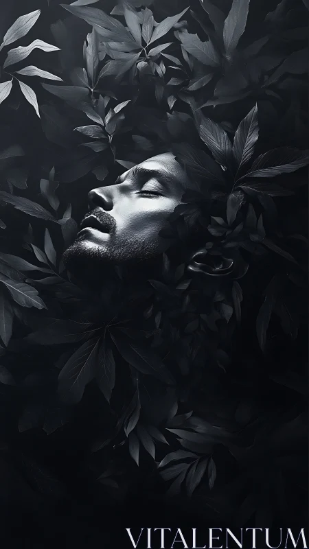 Male face lies in shadowed foliage with high contrast lighting