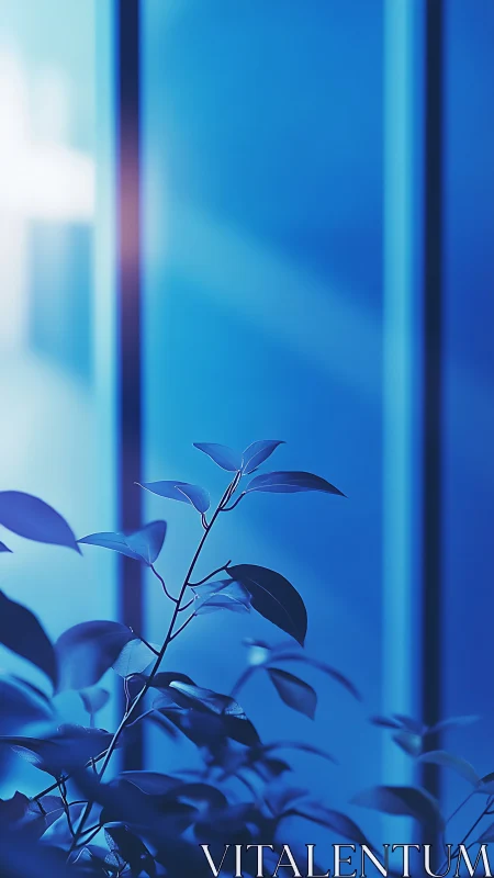 Soft blue window light gently embracing tender green leaves
