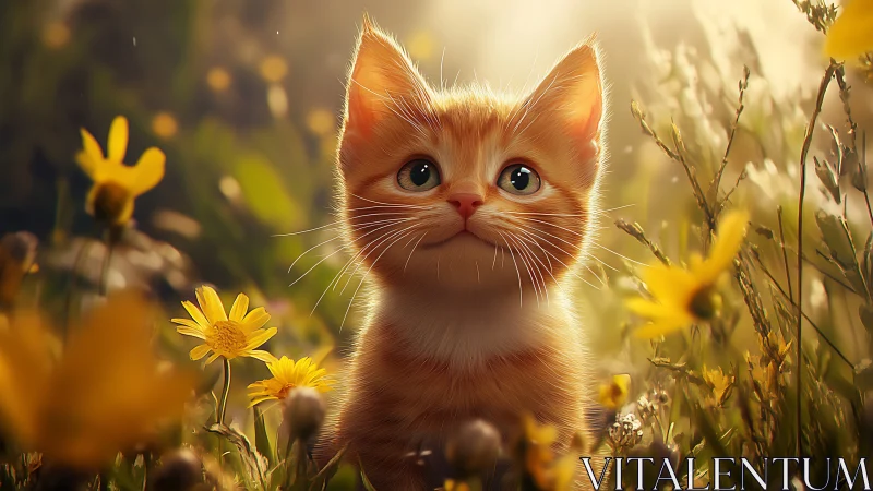 Luminous Kitten Portrait in Wildflower Field with Golden Hour Atmospheric Rendering