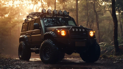 Off-road SUV with roof lights in misty forest trail.