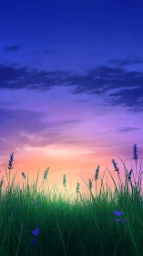 Twilight meadow silhouettes under radiant gradient sky.