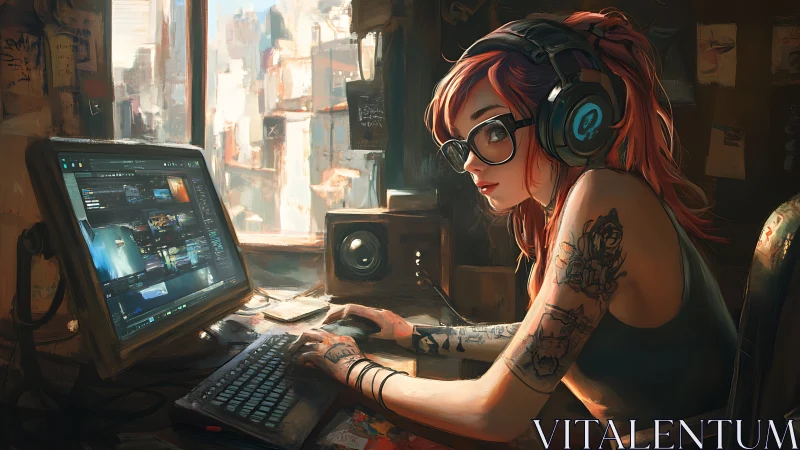 Red haired computer user with headphones in dim studio.