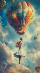 Backlit girl suspended from multicolored hot air balloon canopy