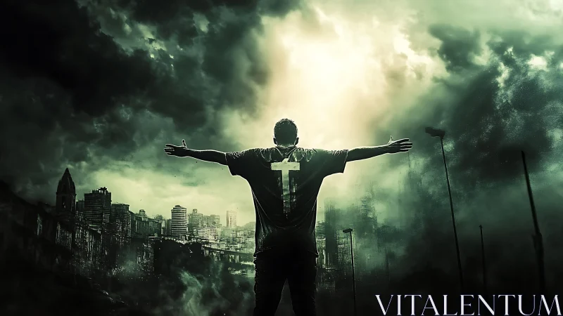 Solitary figure facing stormy city skyline under light beam.