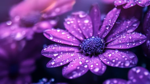 Luminous purple flowers glistening with morning dewdrops
