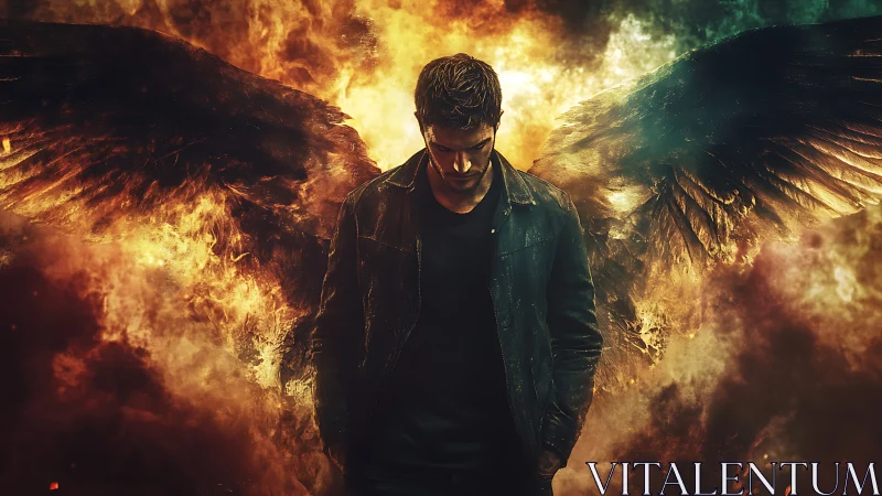 Dark winged man framed by fire and glowing storm clouds.