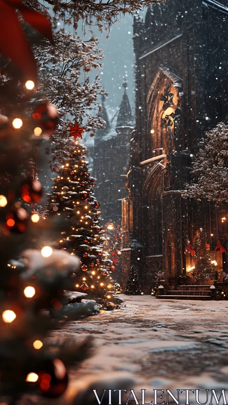 Gothic cathedral façade in illuminated winter solstice snowfall.