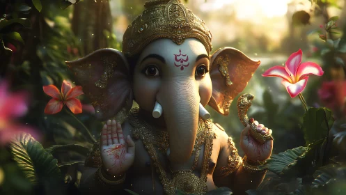 Gentle baby Ganesha glowing softly amid lush garden blooms.