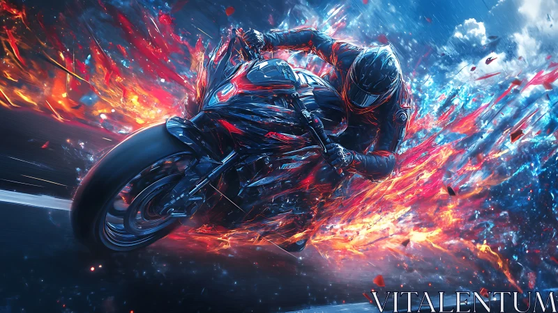 Motorcycle rider leans into high speed turn with fiery trails