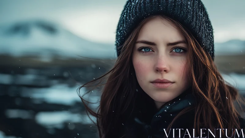 Winter portrait close-up of blue-eyed woman in snowy landscape