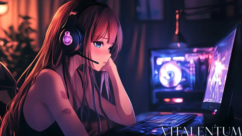 Neon-lit gamer drifts through midnight pixels and quiet thoughts