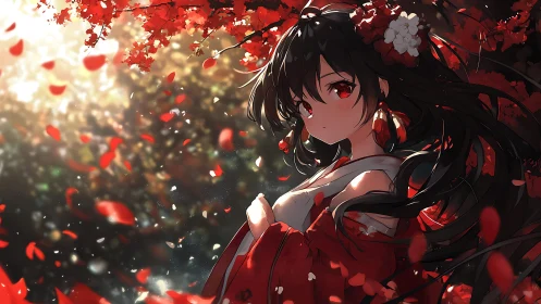 Crimson petals swirl around a quiet autumn daydream.