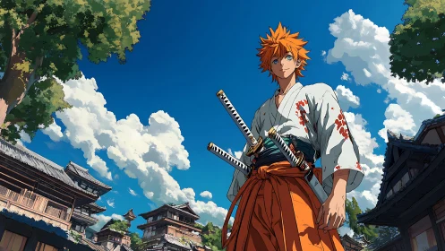 Orange-haired samurai swordsman in Edo street under vivid sky