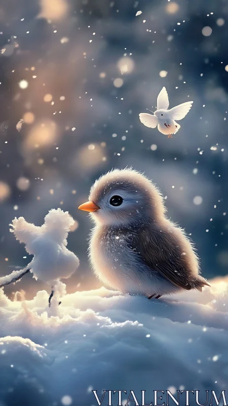Snowy songbird beside tiny snow figure at dusk.