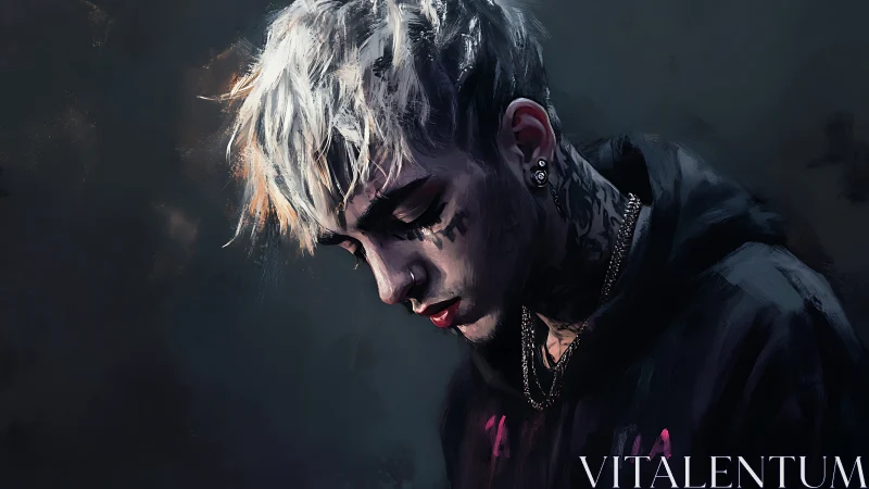 Ink-lit melancholy: tattooed youth bowed in painted twilight.