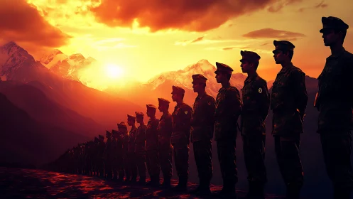Soldiers stand in formation against blazing mountain sunset sky