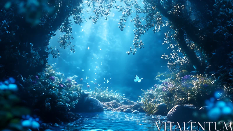 Moonlit river glade where luminous butterflies crown silence.