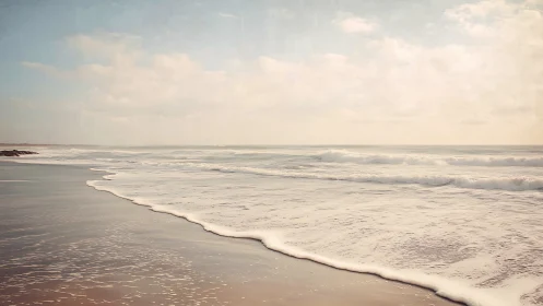 Soft waves roll onto a tranquil pastel-toned shoreline