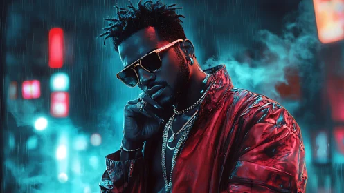 Neon-lit urban portrait isolates subject in saturated cyan-red bokeh