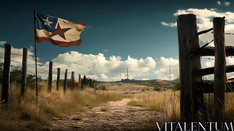 Weathered lone star flag over rustic fenced prairie path.