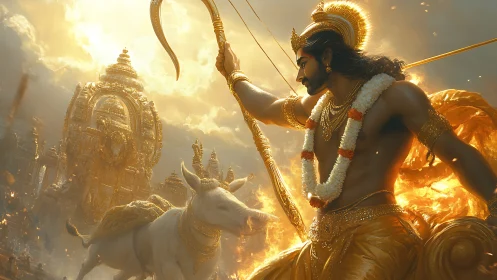 Mythic archer on chariot before ornate golden temple at dawn.