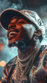 Close-up portrait of man in cap with jewelry at night.