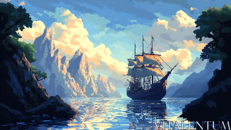 Pixel art galleon sailing through sunlit fjord at sunset