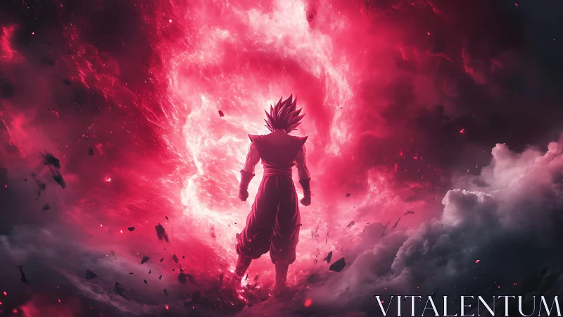 Saiyan warrior commands blazing crimson cosmic vortex.