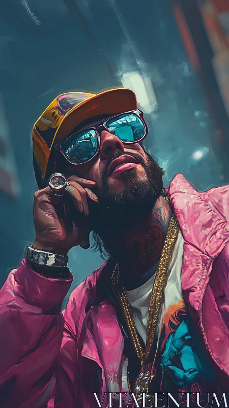 Streetwear icon in neon city glow, reflective chrome accents.