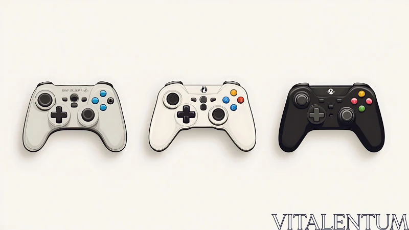 Tri-color gamepad lineup marching across blank space.