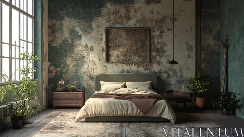 Textured bedroom with weathered walls and soft daylight.