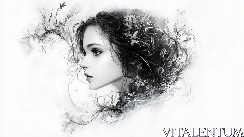 Monochrome digital portrait with botanical hair halo design.