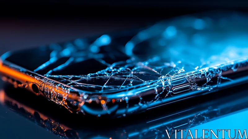 Shattered smartphone glass under blue orange accent lighting.