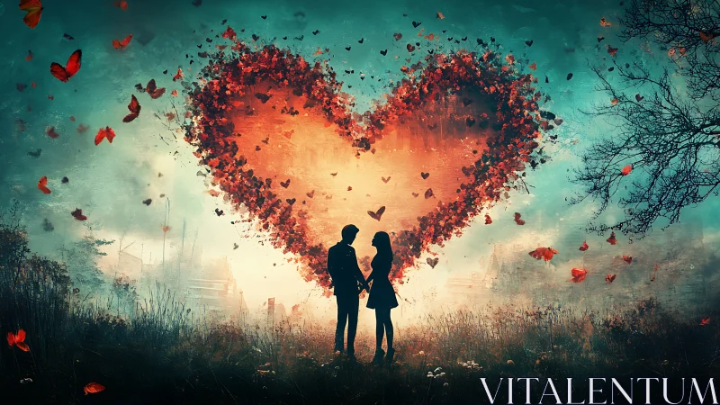 Couple silhouette stands beneath massive red heart formed by floating particles against turquoise sk